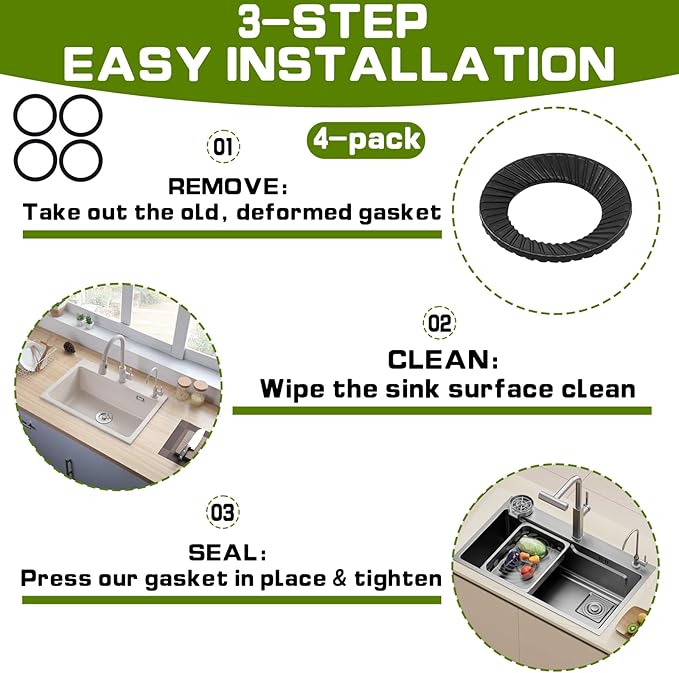 GIDDS-710001 Sink Gasket with Adhesive, No Putty Sink Gasket 3-3/8" (4 Pack), Self-Adhesive Kitchen Sink Drain Seal Replacement Fits All Standard Drain Attachments, Durable Leak-Free Rubber Gasket
