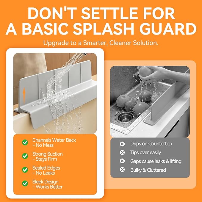 Kitchen Sink Splash Guard 22.8 Inch, Self-Draining Silicone Water Splash Guard with 7 Suction Cups, High Splash Wall & Overhang Edge, Keeps Countertop Dry, Dishwasher Safe (Gray)