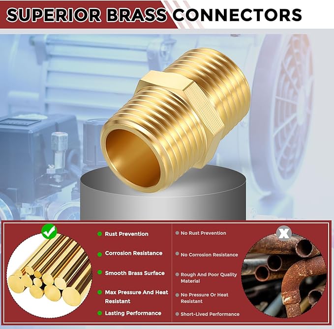 Packs of 10, 1/2" Male NPT to 1/2" Male NPT Solid Brass Hex Nipple Hose Connectors, Male Pipe Adapter for Pipe Leak Repair, Bathroom Remodeling, Tool Extensions, Compression