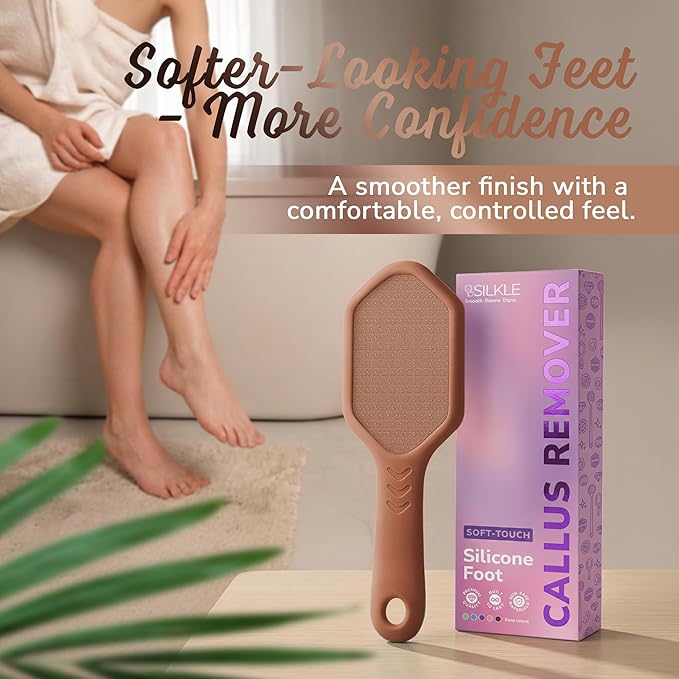 SILKLE Nano Glass Foot File - Silicone Foot Callus Remover for Feet and Cracked Heels - Heel Scraper for Dead Skin - Ergonomic Foot Scrubber & Exfoliator for Shower with Non-Slip Grip - Brown