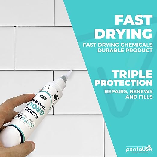 PentaUSA Tile Grout Repair Kit - Premixed Acrylic Sanded Grout for Bathroom, Shower & Kitchen, Water-Resistant Tube with Applicator, Fills Cracks and Gaps in Lines - Gray (8.8oz/250gr)