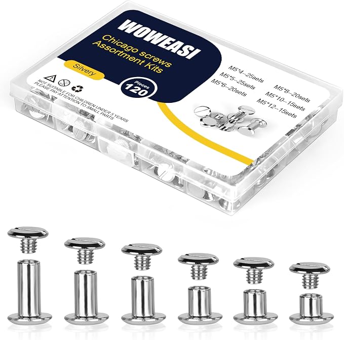 120sets Chicago Screws Kit, 6 Sizes Screw Rivets Silver Chicago Binding Screws for DIY Repair Leather Craft Belt Bag Shoes Purse Bookbinding (M5*4,5,6,8,10,12) (Silver)