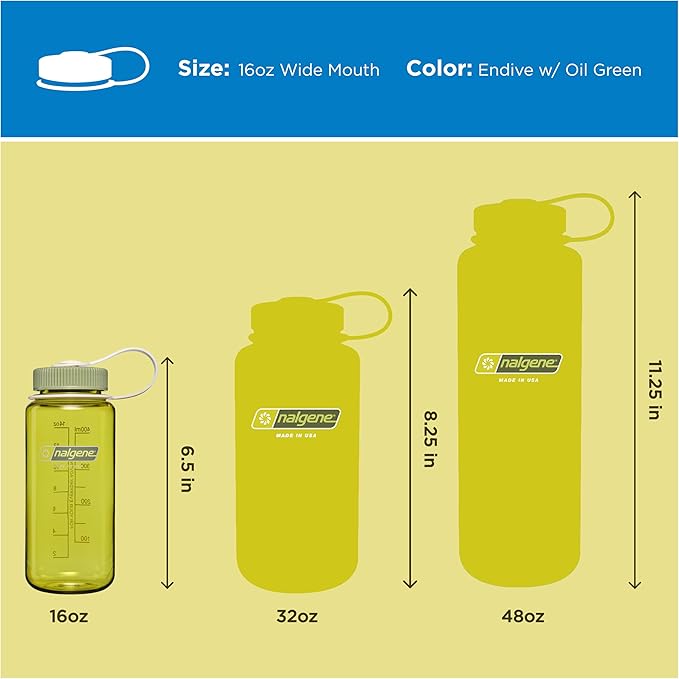 Nalgene 16 oz Wide Mouth Water Bottle | Slim Cup Holder Size, BPA-Free, Durable & Leak Proof Travel Bottle – Thrill & Motion, Endive w/Oil Green