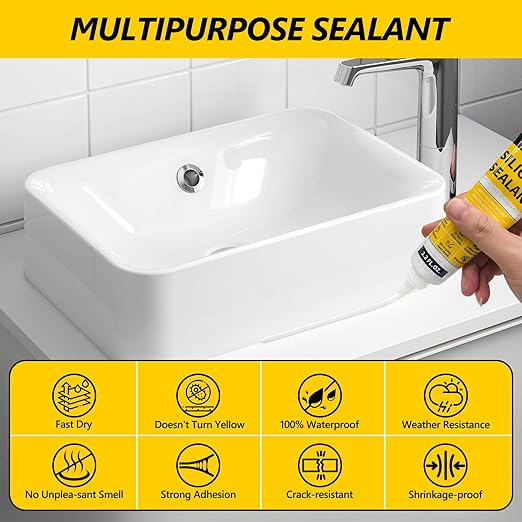 LISRUX Advanced White Silicone Caulk for Kitchen & Bathroom - 6 Pack (3.2 Fl Oz Each) | 100% Waterproof Silicone Sealant | Super Strong Adhesion, Shrink & Crack Proof