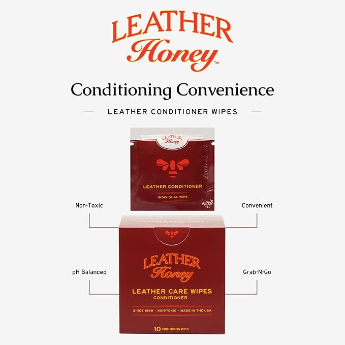Leather Honey Conditioner Wipes: Restore Leather On-The-Go. Protect & Condition Any Color of Leather Couches, Car Seats, Purses, Shoes, Bags & Tack. Made in the USA! 10 Non-Toxic, Ready-to-Use Wipes