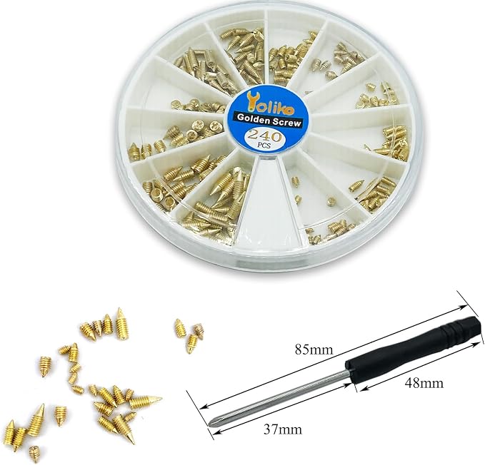 240 pcs Nickel Plated Tip Screws Pointed Cross Slot Leather Accessories 12 Sizes Belt Screws Include M2*3-M2*6, M2.5 * 3-M2.5 * 8, M3*3-M3*8 with 2mm Screwdriver for Belt Buckle Wallet Handbag Gold
