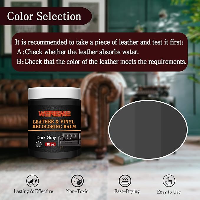 Leather Recoloring Balm & Color Restorer - 10 OZ, Dark Gray | Restore Faded Leather Color, Cover Scratches & Scuffs. Easy DIY Application for Furniture, Sofa, Car Seats, Bags & Shoes