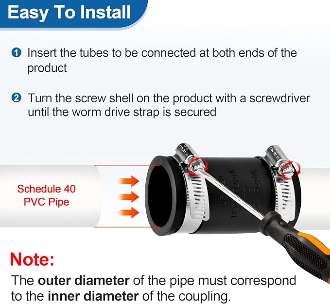 Flexible Coupling Pipe Fittings for 1-1/4" PVC Pipe or 3.925 Inch Circumference Copper Plumbing Connections, with Adjustable Stainless Steel Water Pipe Coupling Clamps Seal Installation