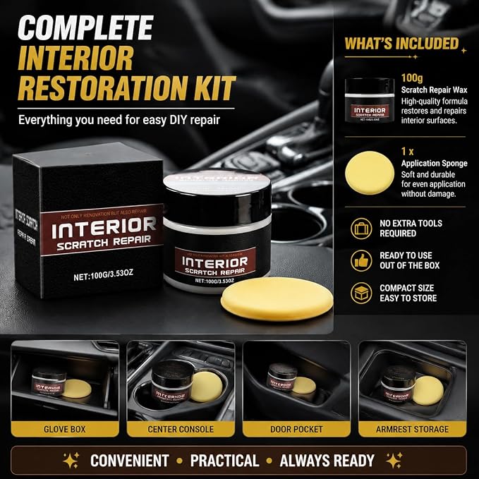 Car Interior Scratch Remover Wax – Dashboard & Leather Repair, 100g | Restores faded plastic and vinyl trim. Fills scuffs and wear marks. Complete DIY kit with sponge for auto renewal
