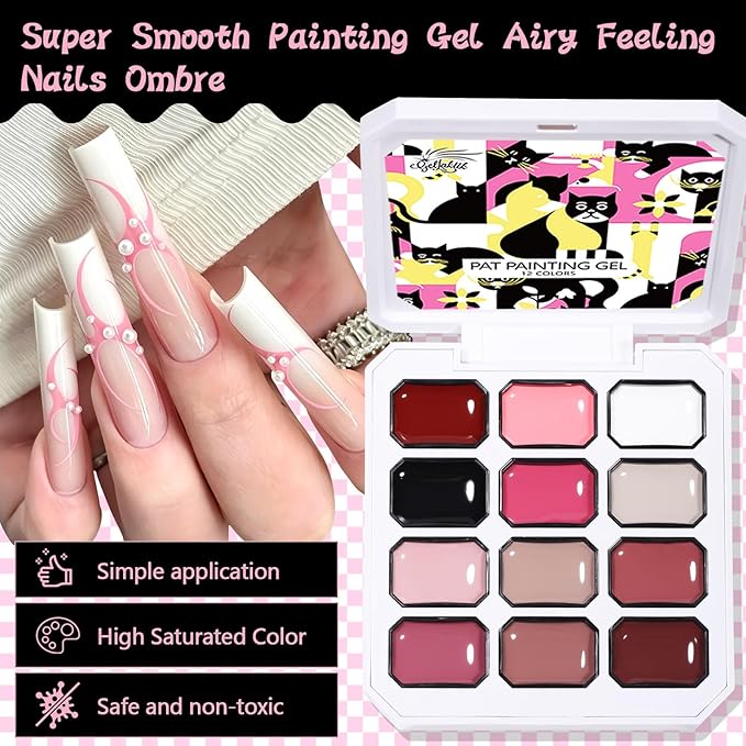 12 Color Patting Nail Gel Polish Kit, Ombre Painting Gel Palette with Brush & Silicone Patting Pen & Nail Art Stickers - UV/LED Curing for Gradient Nails, Beginner Friendly DIY Manicure Set