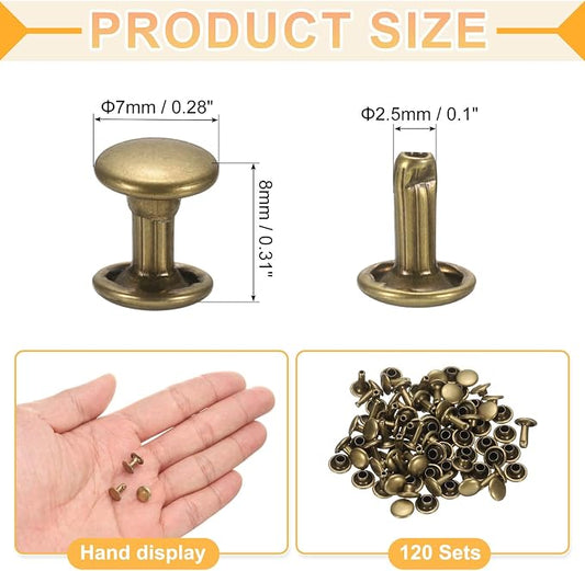uxcell 120Set Leather Rivets, 7mm Double Cap Rivet Tubular Metal Studs Repairs Decoration Craft Accessories for Repair Decorate Leather Craft Belt Bag Shoes Purse Belts, Bronze
