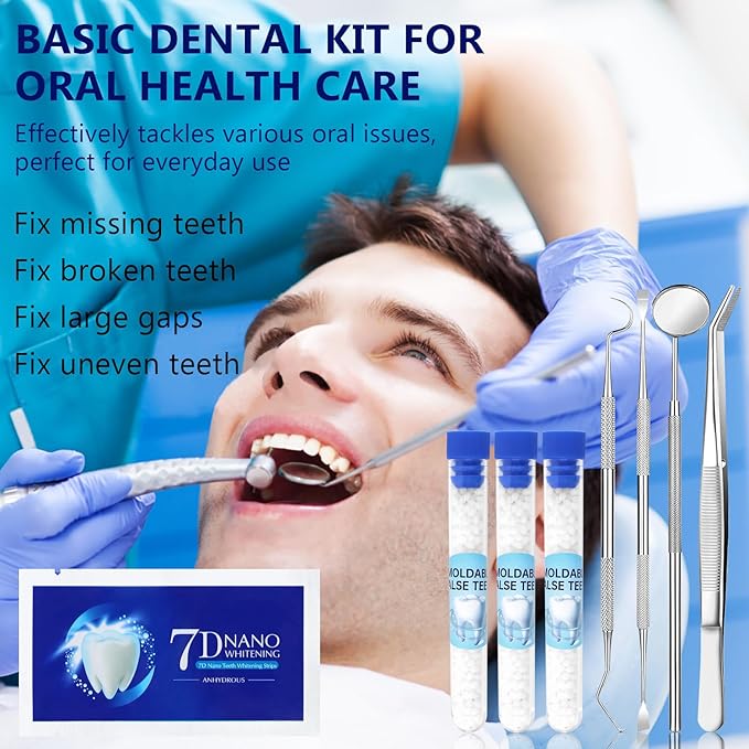Tooth Repair Kit, Moldable False Teeth, Tooth Replacement Missing Teeth, Teeth Filling Kit Permanent with 4 Dental Tool, Tooth Repair Kit for Broken Teeth, Temporary Tooth Filling Kit, Moldable Teeth