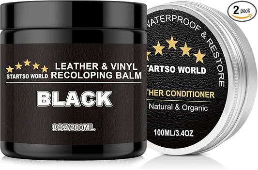 STARTSO WORLD 200Ml Leather Recoloring Balm with 100ML Leather Conditioner, Black Leather Repair Kit for Furniture, Leather Dye, Leather Scratch Repair, Leather Couch Paint