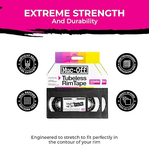 Muc-Off Tubeless Rim Tape 35mm (Pack of 2) - 10m Roll with 4X Seal Patches | Pressure-Sensitive Adhesive for Tubeless Bike Tyre Setups | Fits Road, CX, Gravel, MTB & Plus Rims