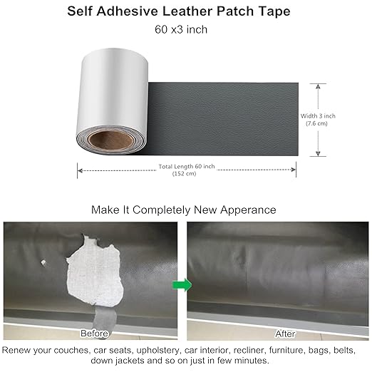 ILOFRI Self Adhesive Leather Repair Patch Tape 3x60 inch, Vinyl and Leather Repair Kit for Couches, Car Seat, Boat Seat, Sofa, Furniture, Vinyl Upholstery, Chair, Interior - Dark Grey #1