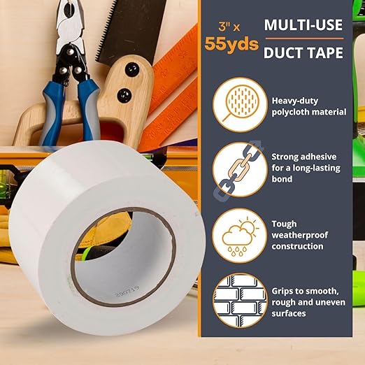GTSE Wide Duct Tape, White, 3 Inches x 55 Yards (164 ft), Heavy Duty, Waterproof Repair Tape for Indoor or Outdoor Use, 1 Roll