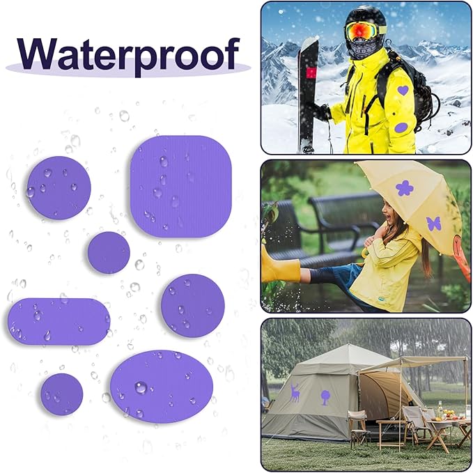 Self-Adhesive Nylon Patches Tent Repair Kit – Outdoor Gear Tenacious Repair Tape, Waterproof Fabric Patches for Clothes, Tent, Down Jacket, Backpack (45pcs, Purple
