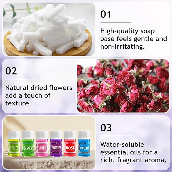 Soap Making Kit for Adults, DIY Soap Making Kit, Melt and Pour Soap Making Supplies, Contains Mould Soapbase Essential Oils Fragrances and Dried Flowers for Beginners and Mother's Day
