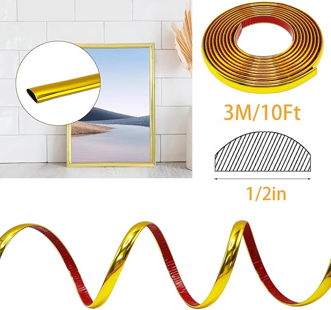 Gold Peel and Stick Trim Molding, 10Ft Premium Wall Ceiling Floor Cabinet Tile Edge Moulding, Flexible Quarter Round Molding Self Adhesive