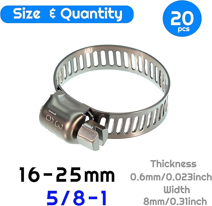 20PCS Hose Clamp Set 5/8-1'' 304 Stainless Steel Worm Gear Hose Clamps for Pipe, Intercooler, Plumbing, Tube and Fuel Line (20pcs 5/8-1/16-25mm)