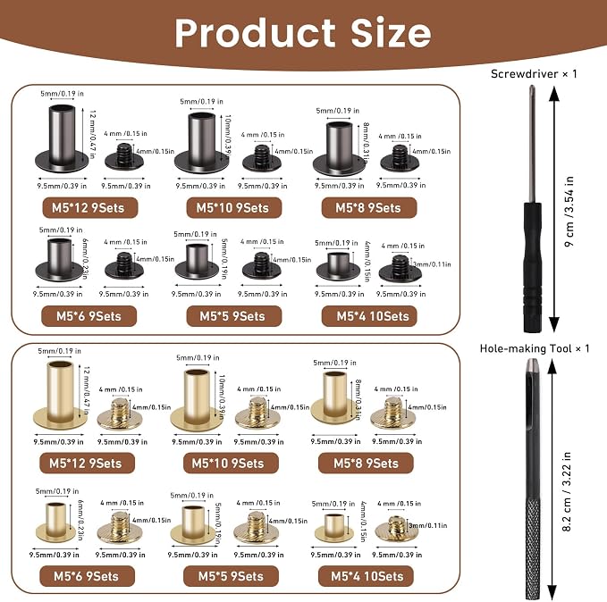Leather Rivets, AIIQESBT 110 Pcs Chicago Screws with 2 Pcs Tool Set, Chicago Screw Rivets Assorted Kit for Decorate & Repair Leather Crafting, Bookbinding, Custom-Made Items (Gunmetal Black & Gold)