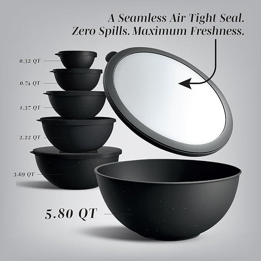 COOK WITH COLOR Mixing Bowls with TPR Lids - 12 Piece Plastic Nesting Bowls Set includes 6 Prep Bowls and 6 Lids, Microwave Safe (Speckled Black)