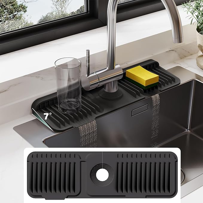 24 Inch Silicone Faucet Mat for Kitchen Sink Splash Guard - 7° Slope Water Draining Mat With Fasten Button for Bathroom Area (Black, 17.7''x5.5'')