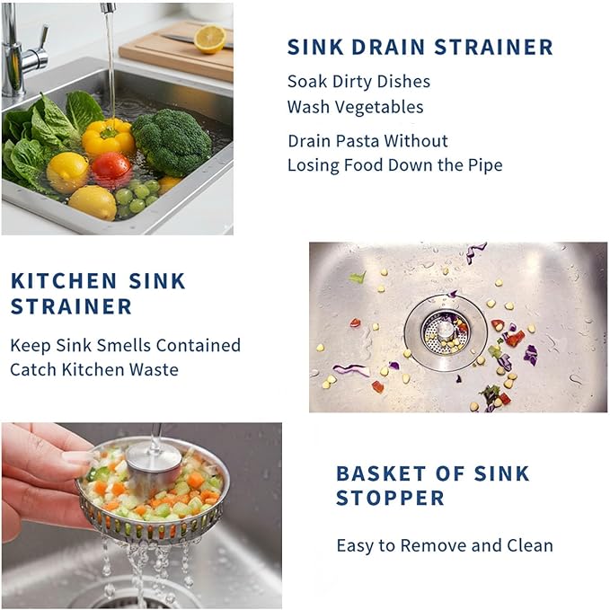 3-in-1 Kitchen Sink Drain Strainer, Pop Up Sink Stopper with Anti-Clogging Basket, 304 Stainless Steel Kitchen Sink Drain Strainer, Food Catcher for US Standard 3-1/2 inch Drain Hole