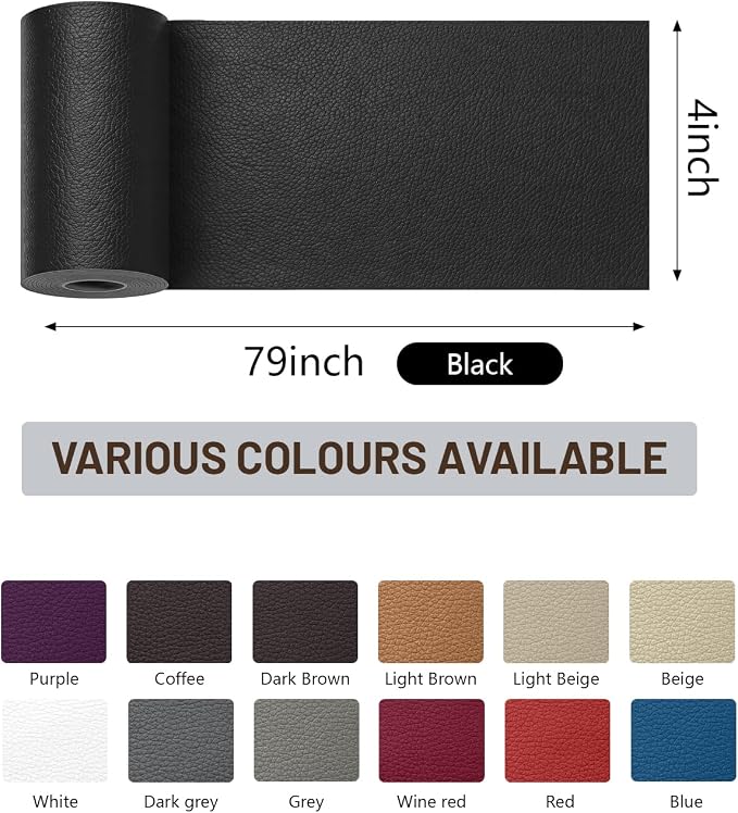 BOUYEER Leather Repair Patch Tape Kit,Self Adhesive Leather Repair for Sofa，Car Seat,Office Chair,Furniture,Jacket,Waterproof Strong Adhesive Vinyl Repair Kit. 4 in x 79 in,Black