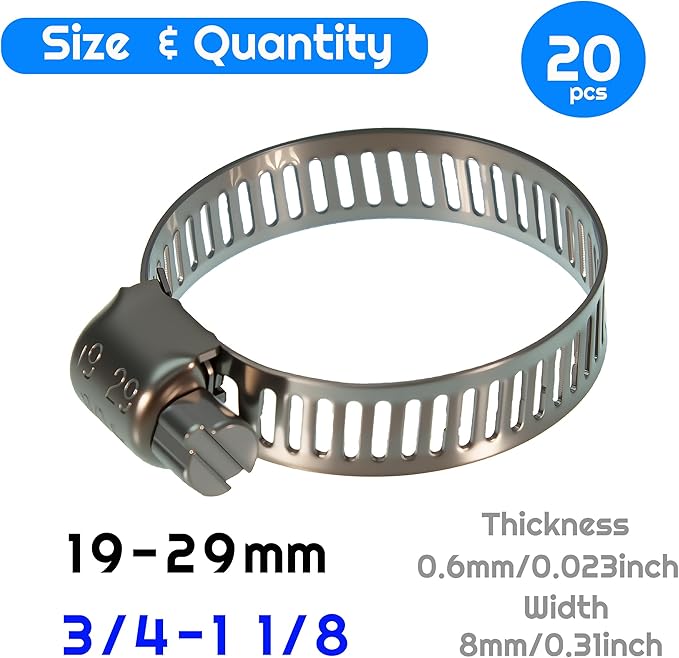 20PCS Hose Clamp Set - 3/4''–1-1/8'' 304 Stainless Steel Worm Gear Hose Clamps for Pipe, Intercooler, Plumbing, Tube and Fuel Line (20Pcs 3/4-1 1/8/19-29mm)