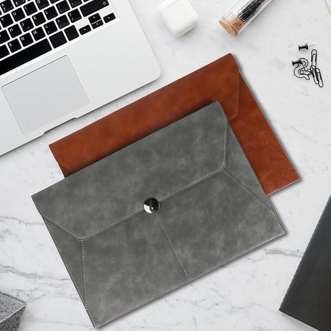 MultiBey PU Leather A4 Document Holder File Organizer with Snap Closure, Waterproof/Water‑Resistant A4 & Letter Size Envelope Folder 13 x 9.5 in - Holds up to 100 Sheets (Elegant Grey)