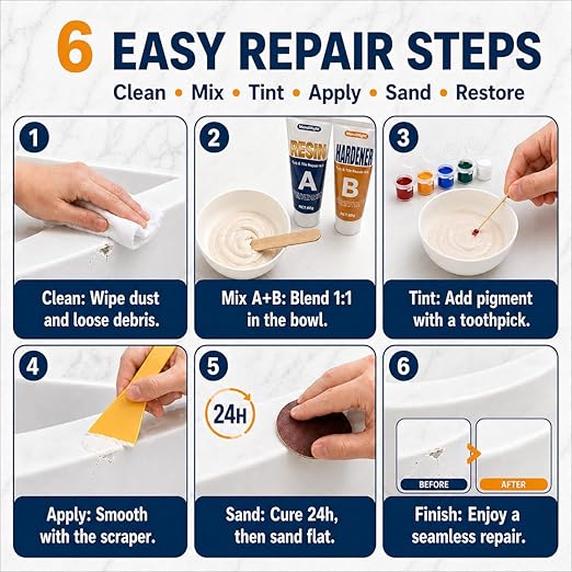 Tub & Tile Repair Kit for Renters & Homeowners, 5.6 oz Porcelain Repair Epoxy with 6 Pigments, Easy-Sand to Fix Chips, Cracks, Holes, Dents & Scratches on Tub, Sink, Countertop & Tile