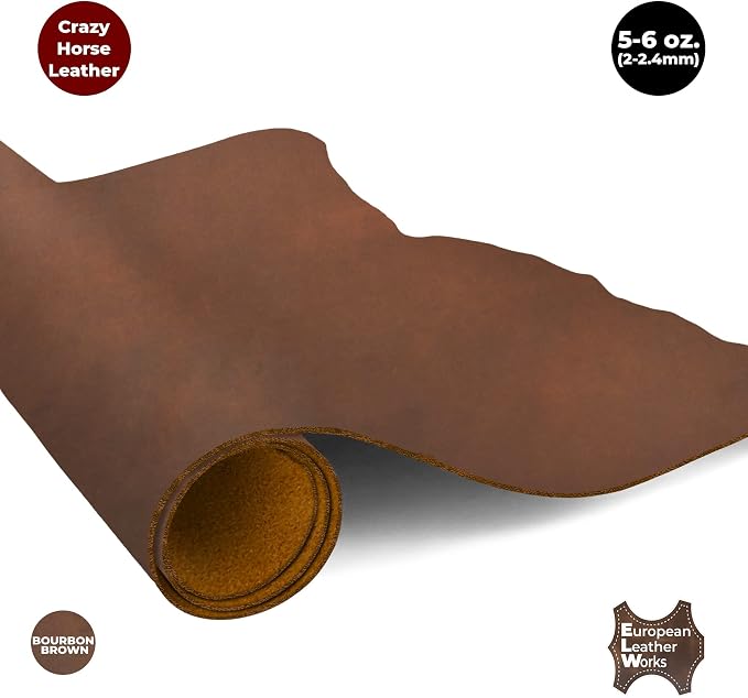 ELW Crazy Horse Leather 5-6 OZ (2-2.4mm) | Bourbon Brown | Pre-Cut 2.5-4 SQ FT 2PCS | Full Grain Cowhide Handmade Leather for DIY, Crafts, Sheaths, Sewing, Workshop