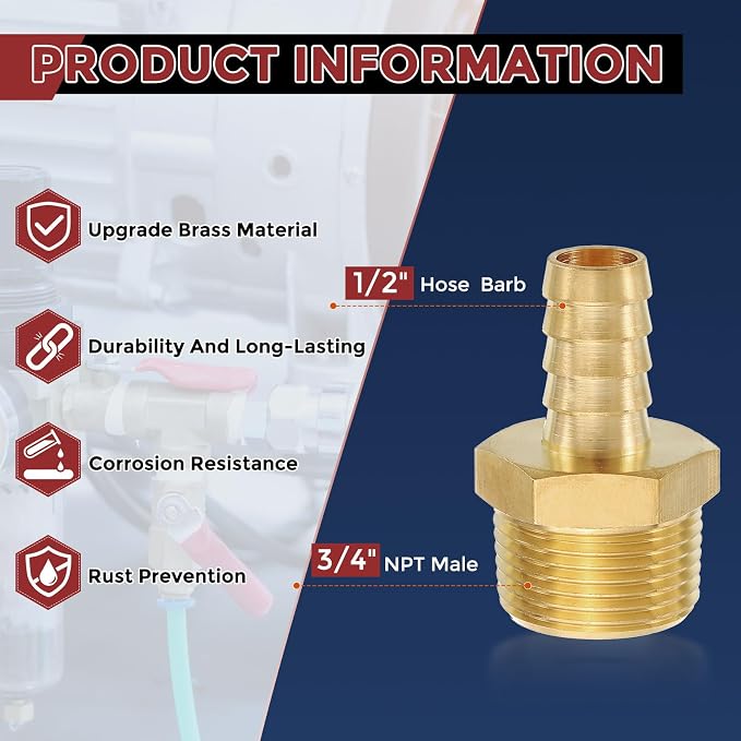 Pack of 1 Brass Hose Barb Fittings Adapter Connector 1/2" Hose Barb to 3/4" NPT Male Fittings for Home Machines, Massage Bathtubs, and Irrigation Systems