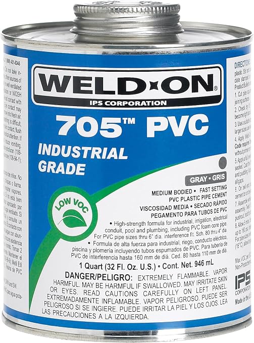 Weld-On 10090 705 Industrial Grade PVC Medium-Bodied High Strength Solvent Cement - Fast-Setting and Low-VOC, Gray, 1 Quart (32 fl oz)
