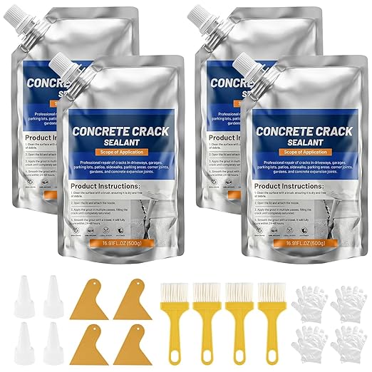 Concrete Crack Filler, Self-Leveling Magic Crack Filler for Concrete, Waterproof Repair Sealant for Cement Driveways, Patio, Sidewalk, Indoor & Outdoor, High Elasticity and Quick-Drying-4PCS