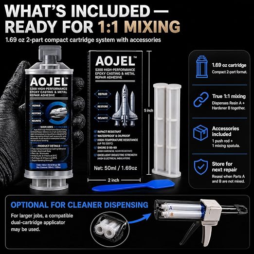 Metal Epoxy Repair System for Aluminum & Metal, 2-Part Cold Weld Load-Bearing Waterproof, Oil & Heat Resistant 392°F, Drillable Sandable Paintable, 30-Min Working Time 1.69 oz