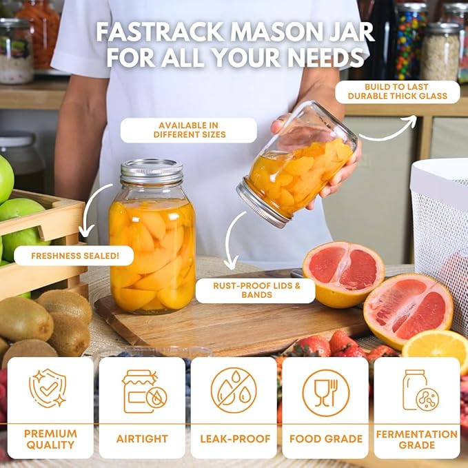 FastRack Regular Mouth Glass Mason Jars with Metal Airtight Lids | 16 oz - Pack of 2 | Large Glass Jars for Food Storage with Lids | Ideal for Canning, Fermentation, Pickling, Kombucha Brewing