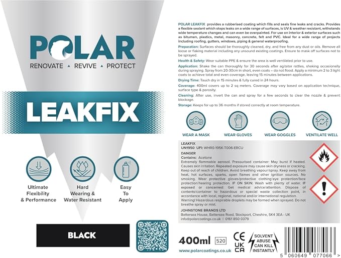 Polar Black Leak Fix Spray - 2 x 13.5fl. oz - Waterproof Roof Sealant - Instantly Seals Leaks and Cracks, for Lasting Protection on Roofs, Drainpipes & Gutter Repairs- for Interior and Exterior Use