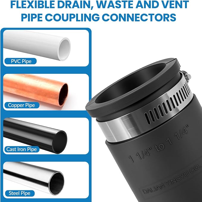 2 Pcs 1-1/4 IN Flexible PVC Pipe Coupling with Stainless Steel Clamps Fit 1-1/4 IN Nominal Pipes, Couplers for Plastic and Copper Pipe Plumbing Connections, Drain Repair, Dust Hose