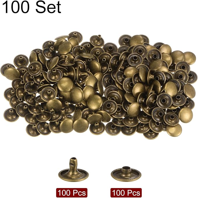 HARFINGTON 100 Sets Leather Rivets 8 x 12mm Metal Double Cap Rivet Snaps Studs Fasteners with 3pcs Setting Tools for Leather Craft DIY Repair Decoration, Bronze