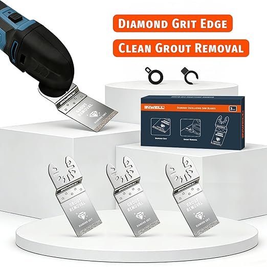 3PCS Diamond Oscillating Tool Blades, Universal-Fit Multi Tool Saw Blades for Grout Removal, Tile Mortar Cleaning & Soft Tile Cutting, Durable Diamond Grit, Fits, Dewalt, Milwaukee, Ryobi, Bosch