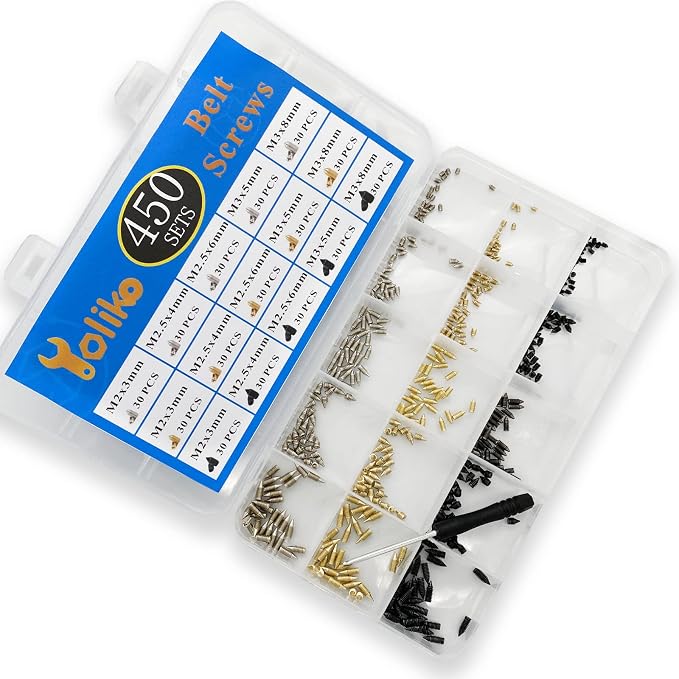 450 Pcs Nickel Plated Tip Screws Pointed Cross Slot Leather Accessories 3 Colors 5 Sizes Belt Screws Include M2x3，M2.5x4，M2.5x6，M3x5，M3x8 with 2mm Screwdriver for Belt Buckle Wallet Handbag Purse