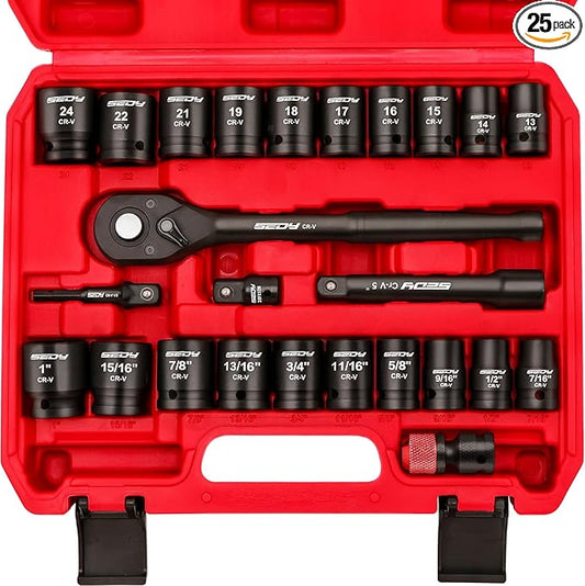 1/2" Drive Socket Wrench Set: 25-Piece SAE & Metric Impact Socket Ratchet Wrench Tool Set Socket Assortment with Storage Box for Repair Mechanic Garage