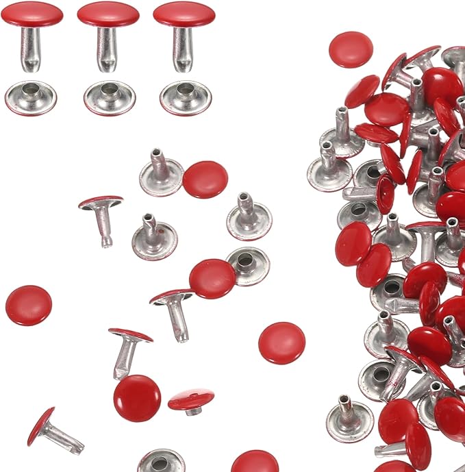 HARFINGTON 100 Sets Double Cap Leather Rivets, 10x10mm Round Cap Tubular Metal Studs Leather Crafting Rivets for Fabric Belt Pet Collar Boot Bag Repair and Decoration, Red