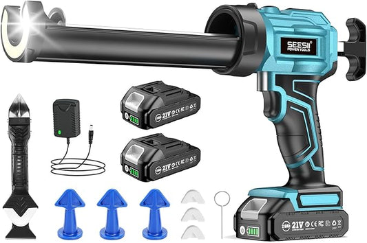 SEESII Cordless Caulking Gun, 21V Battery Powered Caulk Gun, Electric Caulking Gun w/2 x 2.0Ah Batteries, 9Pcs Caulk Remover Tool, LED Light, Auto Retract for Filling, Sealing