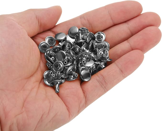 HARFINGTON 100 Sets Double Cap Leather Rivets, 9x8mm Round Cap Tubular Metal Studs Leather Crafting Rivets for Fabric Belt Pet Collar Boot Bag Repair and Decoration, Gunmetal