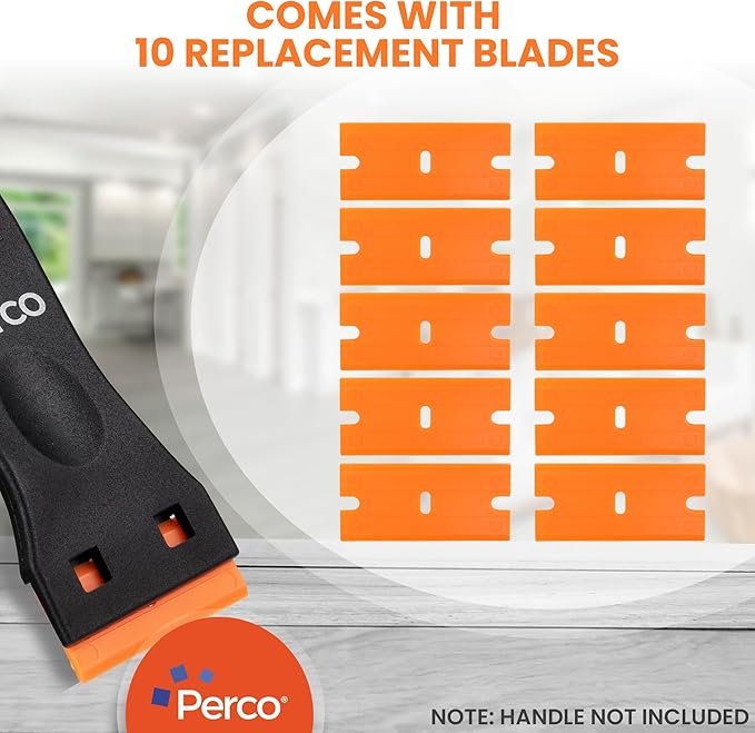 Perco Plastic Scraper Blade Refills - Durable, Rust-Free Double-Edged 1.5" Non-Scratch Razor Blades for Decals, Adhesives, Vinyl & More – Ideal for Cars, Glass & Delicate Surfaces - 10 Blades Per Box