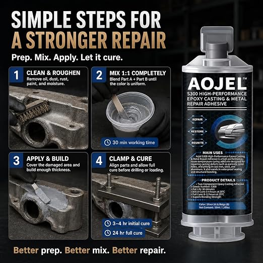 Metal Epoxy Repair System for Aluminum & Metal, 2-Part Cold Weld Load-Bearing Waterproof, Oil & Heat Resistant 392°F, Drillable Sandable Paintable, 30-Min Working Time 1.69 oz