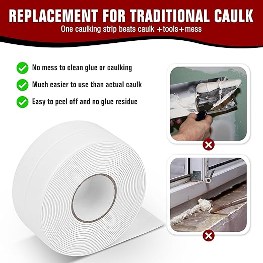 White Waterproof Caulk Tape, Self-Adhesive for Toilet, Tub, Kitchen, Corners,Bathroom Surfaces, Easy Application, 1-1/2 Inch x 10-1/2 Feet-1roll